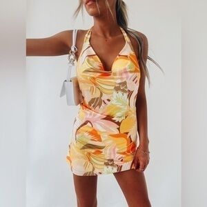 Cotton Candy Yellow Orange Floral Mini Dress